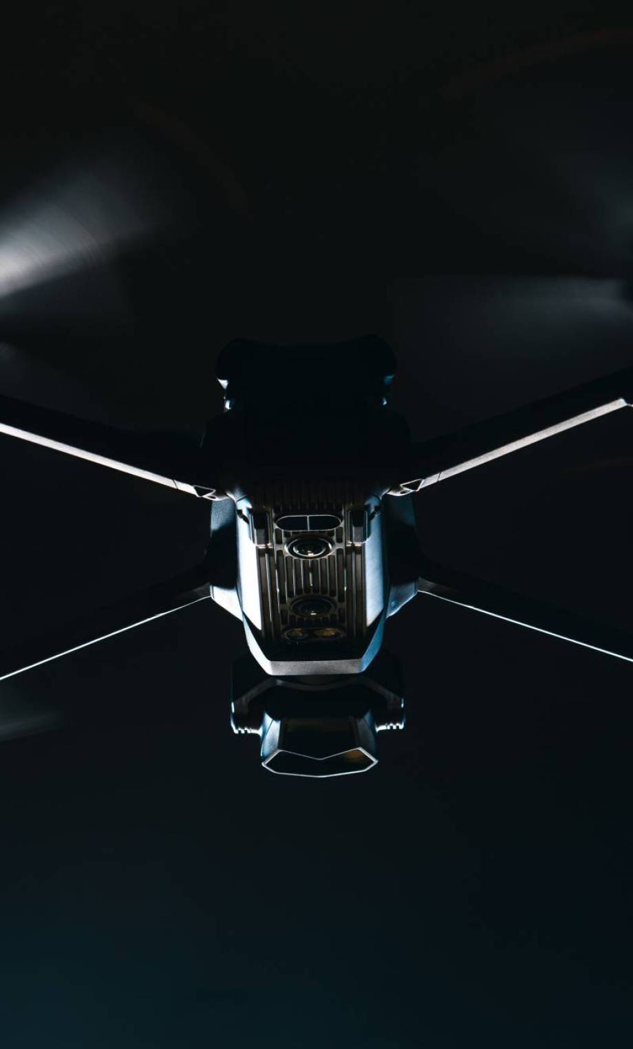 Modern Drone in Flight. Night Time Low Light Scenery. Aerial Technologies.